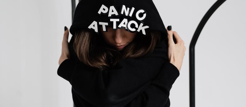 mulher jovem, vestida com camisola preta com as palavras «panic attack», abraça-se a si mesma
